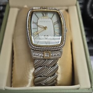 Silver Metallic Watch with Crystal Bezel and Twisted Rope Band By Judith Ripka